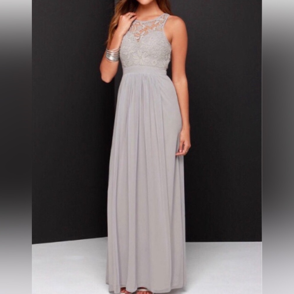 So Far Gown Grey Lace Maxi Dress